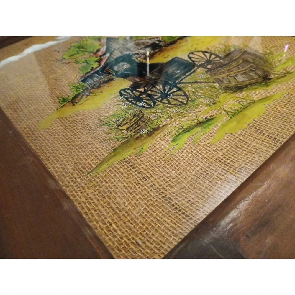 Vintage Rustic Hand Painted 1987 Folk Art with Old Wood Frame‎ Wall Hanging
